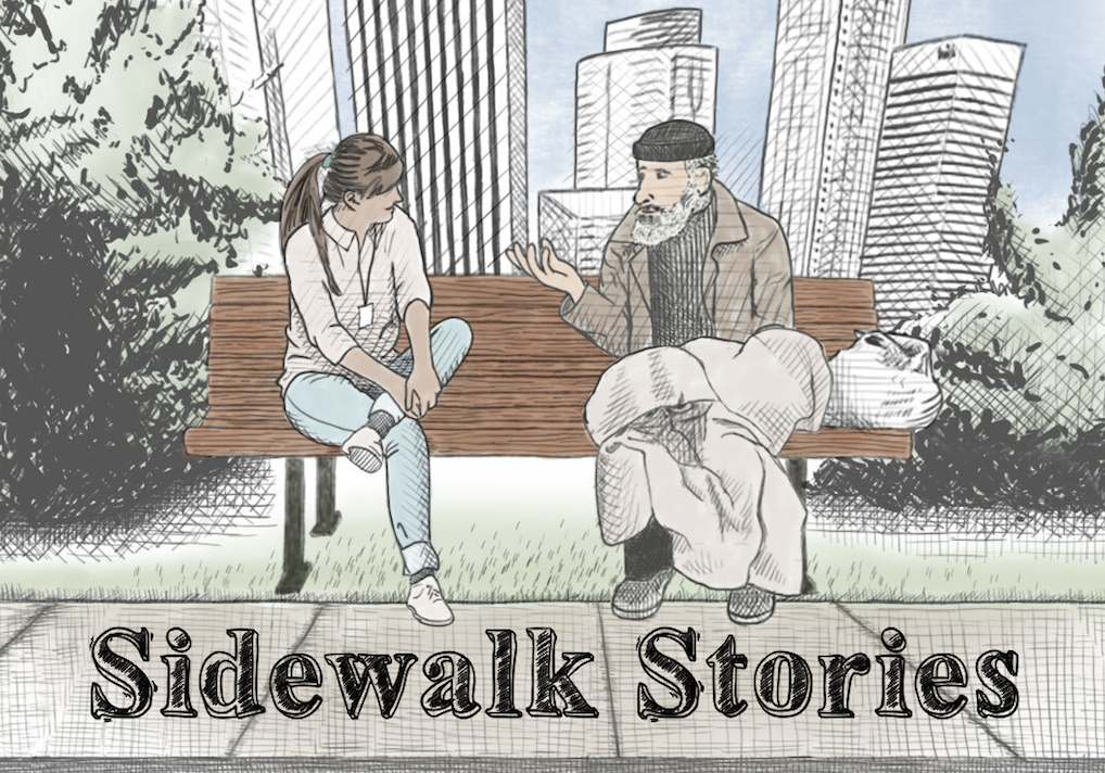 A social worker meets with her client, an older man, on a bench in a Los Angeles park.